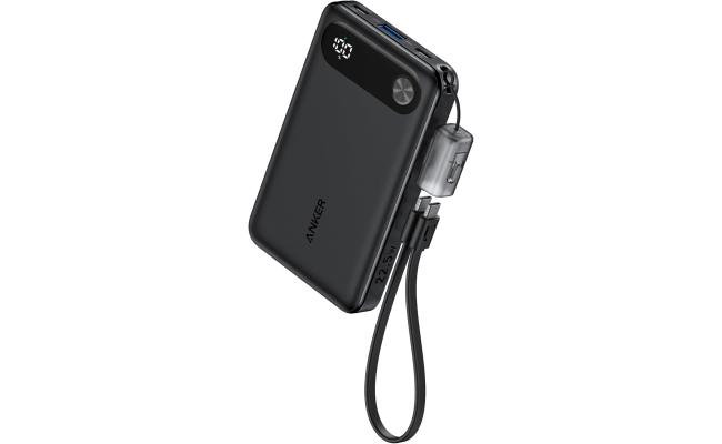Anker A1257P11 Power Bank, 10,000mAh Portable Charger with Built-in USB-C Cable and Lanyard, 22.5W Max Output with USB-C&A Port, Battery Pack for iPhone 15/14, Galaxy S23, iPad, AirPods, and More - Black